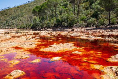 Rio Tinto nehri ve demir madenleri. Kırmızı renkli nehir bakır, yerde demir. Mars 'ta yaşam araştırmalarında kullanılan su..