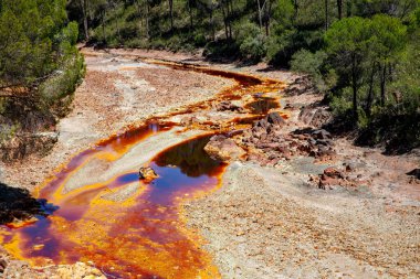 Rio Tinto river and iron mines. Red tinted river by copper, iron on the ground. Water used in life study for life detection in Mars. clipart