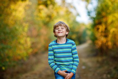 Ormandaki küçük havalı çocuğun portresi. Mutlu sağlıklı çocuk sıcak güneşli bir sonbaharda eğleniyor. Aile, doğa, aşk ve aktif eğlence.