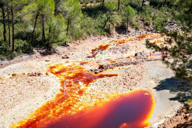 Rio Tinto nehri ve demir madenleri. Kırmızı renkli nehir bakır, yerde demir. Mars 'ta yaşam araştırmalarında kullanılan su..