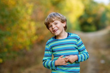 Ormandaki küçük havalı çocuğun portresi. Mutlu sağlıklı çocuk sıcak güneşli bir sonbaharda eğleniyor. Aile, doğa, aşk ve aktif eğlence.