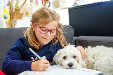 Gözlüklü küçük kız okul ödevini yapıyor. Çalışma kitabında yazan çocuk, öğrenmekle meşgul. Küçük Malta köpeği çocuğun yanında oturuyor, sevimli bir aile hayvanı. İlkokul, eğitim