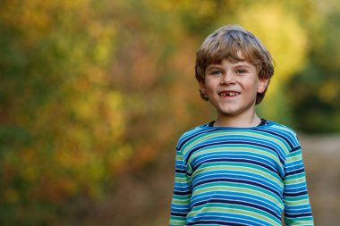 Ormandaki küçük havalı çocuğun portresi. Mutlu sağlıklı çocuk sıcak güneşli bir sonbaharda eğleniyor. Aile, doğa, aşk ve aktif eğlence.