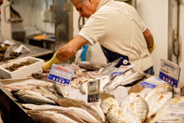 Cadiz, Spain - April 19, 2023: Cadiz Fish Market. Stunning Fresh fish stall in The Central Market of Cadiz. It is the oldest covered market in Spain clipart