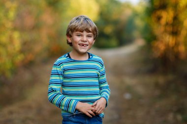 Ormandaki küçük havalı çocuğun portresi. Mutlu sağlıklı çocuk sıcak güneşli bir sonbaharda eğleniyor. Aile, doğa, aşk ve aktif eğlence.