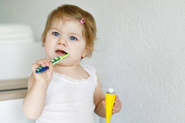 Küçük kız diş fırçası tutuyor ve ilk dişlerini fırçalıyor. Bebek süt dişini temizlemeyi öğreniyor. Önleme, hijyen ve sağlık hizmetleri kavramı. Banyoda mutlu bir çocuk.