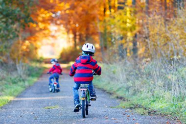 Sonbahar Orman Parkı 'nda renkli, sıcak giysiler içinde bisiklet süren iki küçük çocuk. Doğada güneşli sonbahar gününde bisiklet süren aktif çocuklar. Güvenlik, spor, çocuk konseptiyle eğlence. En iyi arkadaşlar...