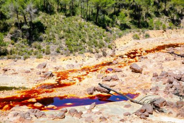 Rio Tinto nehri ve demir madenleri. Kırmızı renkli nehir bakır, yerde demir. Mars 'ta yaşam araştırmalarında kullanılan su..