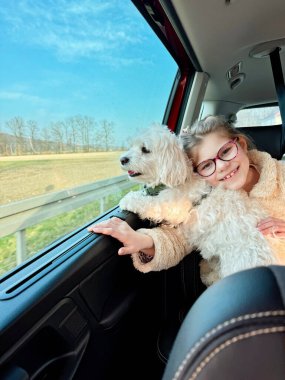 Gözlüklü, gülümseyen bir kız, kabarık beyaz köpeğini arabanın içinde kucaklıyor. Köpek parlak mavi bir gökyüzünün altındaki manzaralı kırsal bölgeye pencereden bakar. Mutlu çocuk ve evcil hayvan