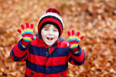 Sonbahar yaprakları arka planında renkli giysileri olan mutlu küçük çocuk portresi. Sonbahar ormanlarında ya da parkta eğlenen komik çocuk. Gülümseyen çocuk moda ve renkli eldivenler