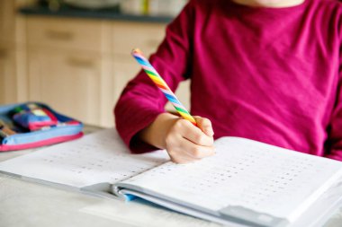 Küçük liseli kız evde öğreniyor. İlkokul öğrencisi Chid matematik ödevi yapıyor, kalemle yazıyor. Gözlüklü mutlu öğrenci..