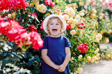 Çiçek açan gül bahçesinde küçük bir kızın portresi. Yaz güneşli bir günde parkta güllerle ve çiçeklerle eğlenen sevimli güzel bir çocuk. Mutlu gülümseyen bebek