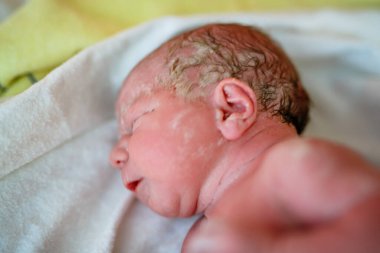 Yeni doğan çocuk doğumdan saniyeler ve dakikalar sonra ağlıyor. Havlu üzerinde küçük şirin bir kız bebek. Yeni hayat, başlangıç, sağlık hizmetleri
