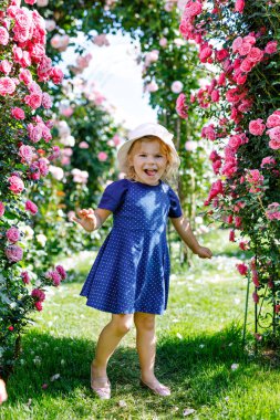 Çiçek açan gül bahçesinde küçük bir kızın portresi. Yaz güneşli bir günde parkta güllerle ve çiçeklerle eğlenen sevimli güzel bir çocuk. Mutlu gülümseyen bebek