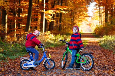 İki küçük çocuk çocuklar, Bisikletleri ile sonbahar ormandaki en iyi arkadaş. Etkin kardeş, çocuk bisiklet ile. Renkli moda erkek birlikte eğleniyor, gülen ve gülümseyen güneşli günde giyim sonbahar