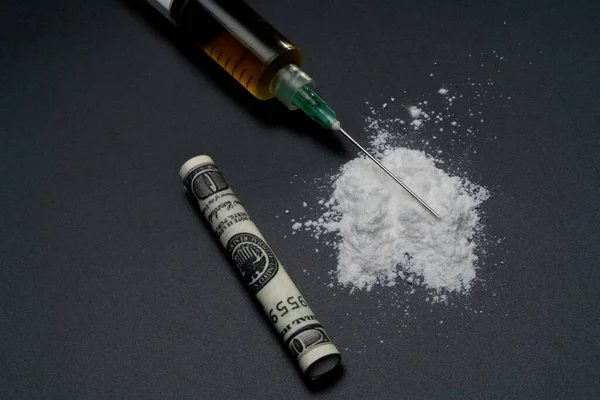 Cocaine Other Illegal Drugs White Powder Syringe Isolated Black Glossy — Stock Photo, Image