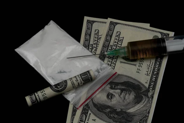 Cocaine Other Illegal Drugs White Powder Syringe Isolated Black Glossy — Stock Photo, Image