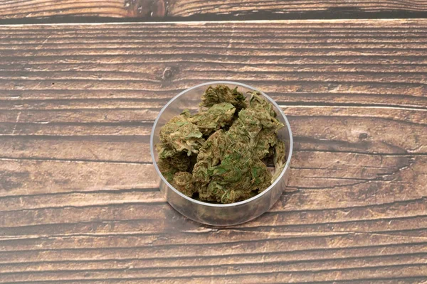 Marihuana Konopie Medyczne Chwasty Szklanym Pojemniku Narkotyki — Zdjęcie stockowe