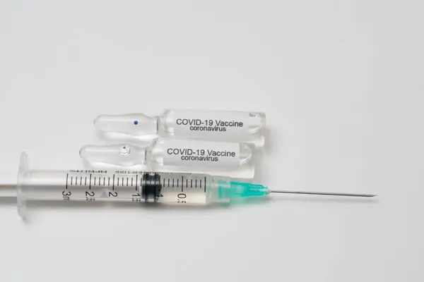 Covid Vacina Contra Coronavírus Injeção Seringa Ele Usa Para Prevenção — Fotografia de Stock