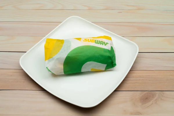 Subway Sandwich Square White Plate — Stock Photo, Image