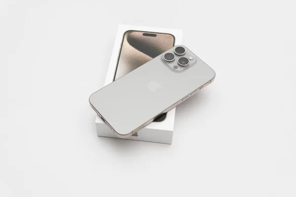 stock image Bogota Colombia October 2023, iPhone 15 Pro Max in Natural Titanium color, the latest Apple smartphone, with USB Type C and high quality cameras