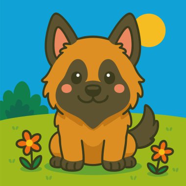 Çiçekleri ve parlak güneşli gökyüzü olan çimenli bir arazide oturan Belçika çoban köpeğinin sevimli vektör çizimi. Kawaii karikatür tarzında tasarlanmış, temiz hatları ve katı renkleriyle, bu büyüleyici karakter dostluk ve sadakat yayar.