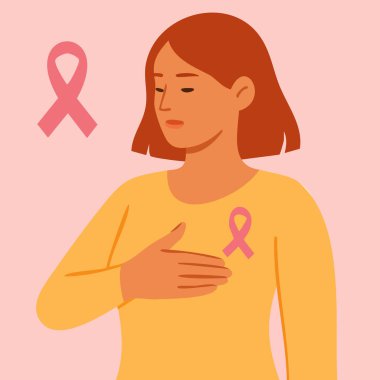 Düz vektör çizimi göğüs kanseri farkındalığını vurguluyor. Pembe kurdele, çeşitli kadınlar ve göğüsteki el hareketlerini destekliyor.