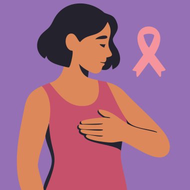 Düz vektör çizimi göğüs kanseri farkındalığını vurguluyor. Pembe kurdele, çeşitli kadınlar ve göğüsteki el hareketlerini destekliyor.