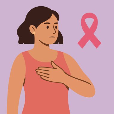 Düz vektör çizimi göğüs kanseri farkındalığını vurguluyor. Pembe kurdele, çeşitli kadınlar ve göğüsteki el hareketlerini destekliyor.