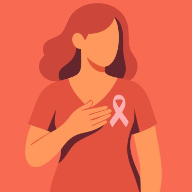 Düz vektör çizimi göğüs kanseri farkındalığını vurguluyor. Pembe kurdele, çeşitli kadınlar ve göğüsteki el hareketlerini destekliyor.