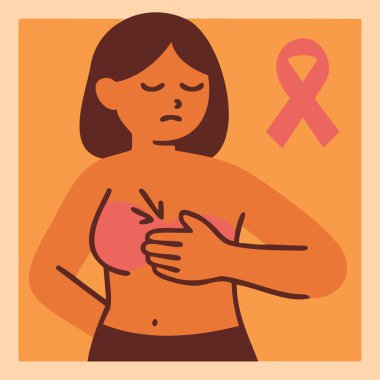 Düz vektör çizimi göğüs kanseri farkındalığını vurguluyor. Pembe kurdele, çeşitli kadınlar ve göğüsteki el hareketlerini destekliyor.