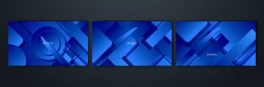 Tasarım broşürü, web sitesi ve broşürü için soyut mavi geometrik şekiller vektör teknolojisi arka planı. Poster, sertifika, sunum, iniş sayfası için geometrik mavi geometrik şekiller