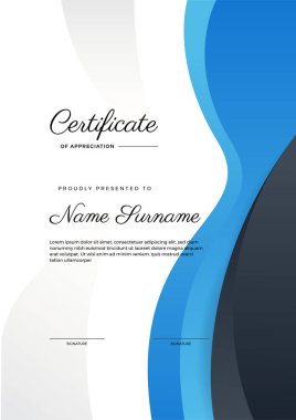 Modern zarif mavi ve siyah diploma şablonu. Lüks rozetli ve modern hat şablonlu başarı sertifikası. Ödül, iş ve eğitim ihtiyaçları için