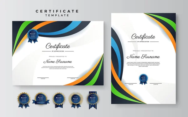 Plantilla Certificado Logro Azul Oro Moderno Con Insignia Oro Borde — Vector de stock