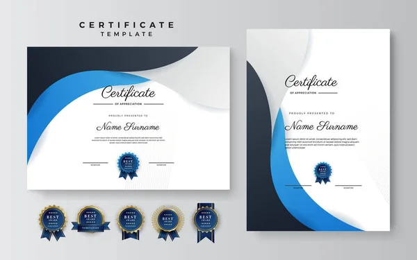 Modern Blauw Goud Certificaat Van Prestatie Sjabloon Met Gouden Badge — Stockvector