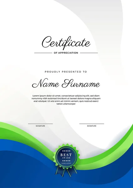 Moderno Elegante Modelo Certificado Diploma Azul Verde Certificado Modelo Fronteira — Vetor de Stock