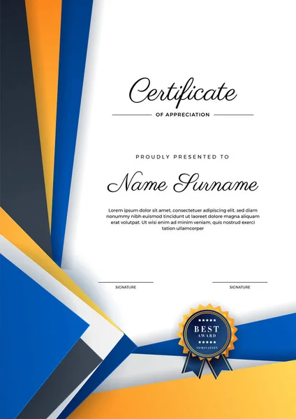 Moderno Modelo Certificado Elegante Azul Laranja Preto Diploma Certificado Modelo — Vetor de Stock
