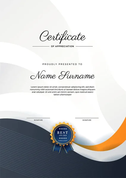 Moderno Elegante Modello Certificato Diploma Blu Arancio Nero Modello Confine — Vettoriale Stock
