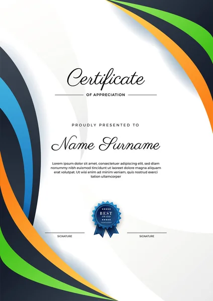 Moderno Elegante Modello Certificato Diploma Blu Arancio Nero Modello Confine — Vettoriale Stock