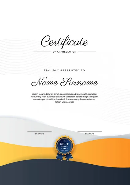 Moderno Elegante Modello Certificato Diploma Blu Arancio Nero Modello Confine — Vettoriale Stock