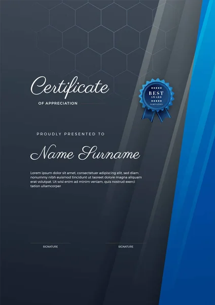 Moderno Elegante Modelo Certificado Diploma Azul Preto Certificado Modelo Fronteira — Vetor de Stock
