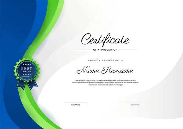 Moderno Elegante Modello Certificato Diploma Blu Verde Modello Confine Certificato — Vettoriale Stock