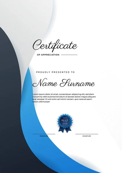 Modern Elegant Blauw Zwart Diploma Certificaat Sjabloon Certificaat Van Prestatie — Stockvector
