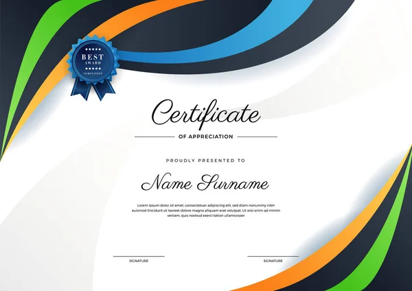 Moderne Elegant Blå Orange Sort Diplom Certifikat Skabelon Certifikat Præstation – Stock-vektor