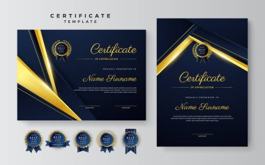 Blue and gold certificate of achievement border template with luxury badge and modern line pattern. For award, business, and education needs