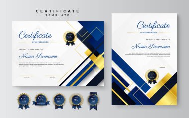 Blue and gold certificate of achievement border template with luxury badge and modern line pattern. For award, business, and education needs