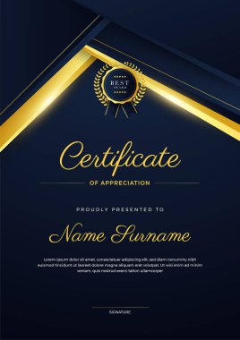 kurumsal stil geometrik koyu mavi ve altın renkli soyut sertifika tasarım şablonu