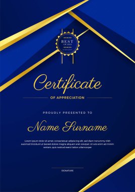 kurumsal stil geometrik mavi ve altın renkli soyut sertifika tasarım şablonu