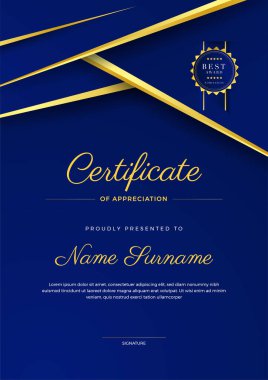 kurumsal stil geometrik mavi ve altın renkli soyut sertifika tasarım şablonu