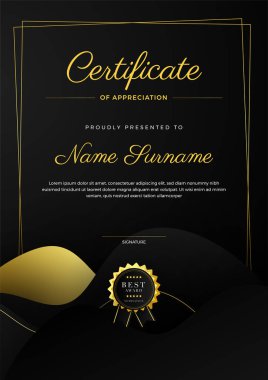 Altın rozetli ve sınırlı başarının siyah ve altın sertifikası. Ödül, iş ve eğitim rozetleriyle diploma belgesi sınır şablonu belirlendi
